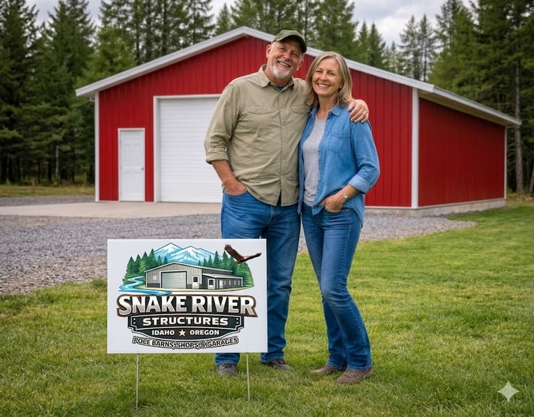 Man and woman standing in front of red barn with Snake River Structures sign on lawn